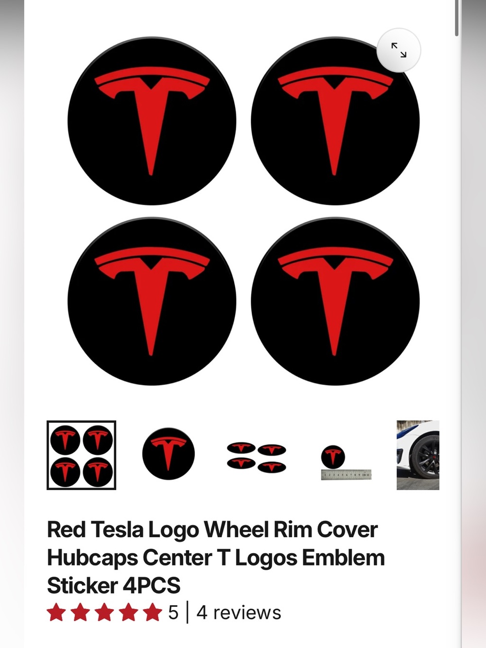 Tesla Black Round Wheel Center Emblems with Red T Logo - 4 Pack